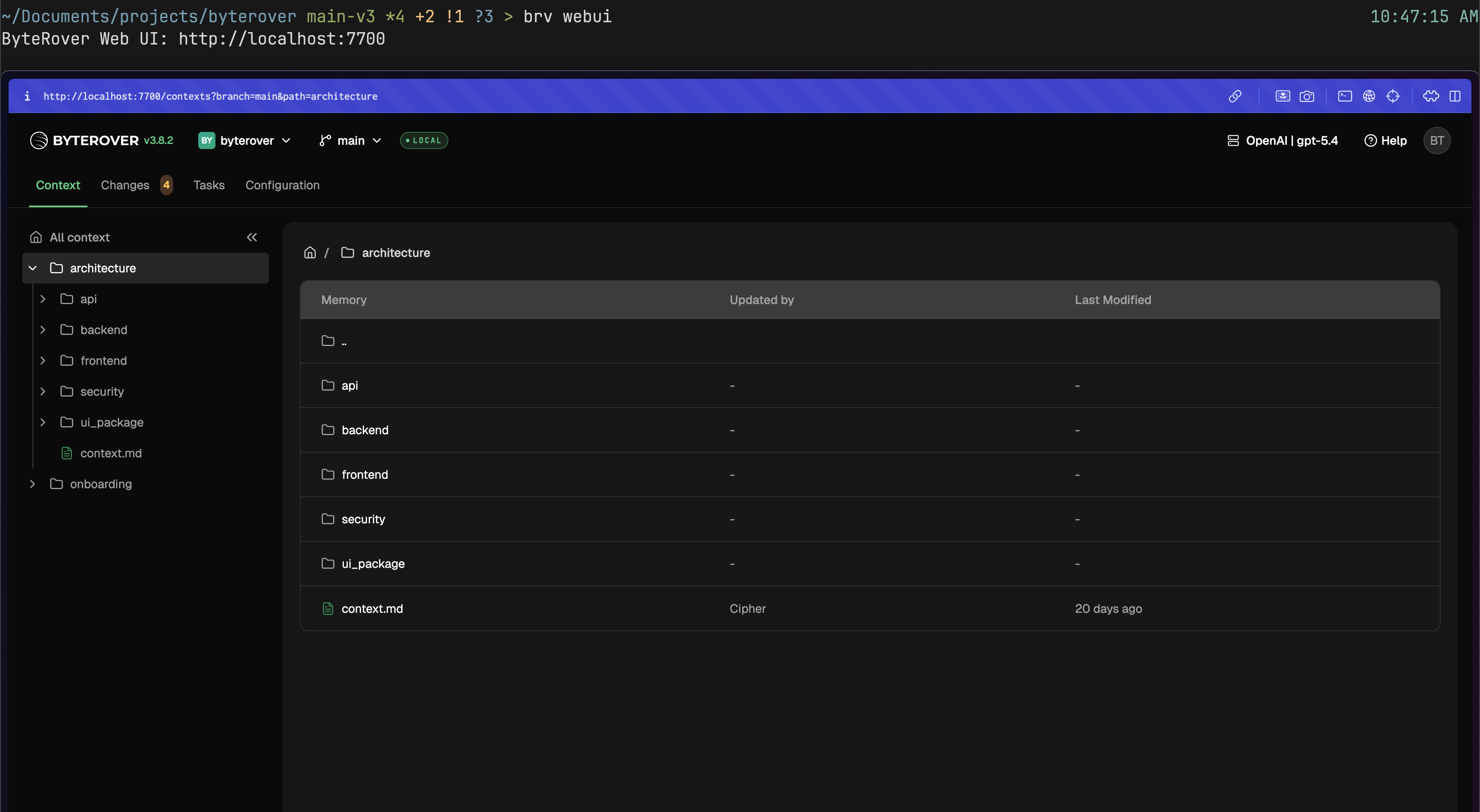 Terminal running brv webui with the browser opening to the web UI