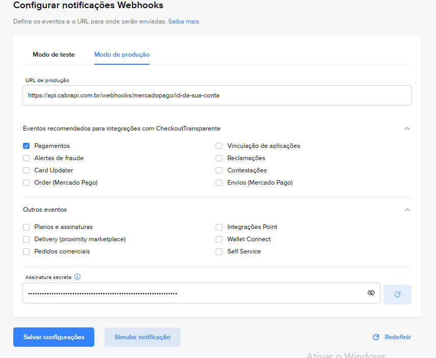 Adicionar URL Webhook
