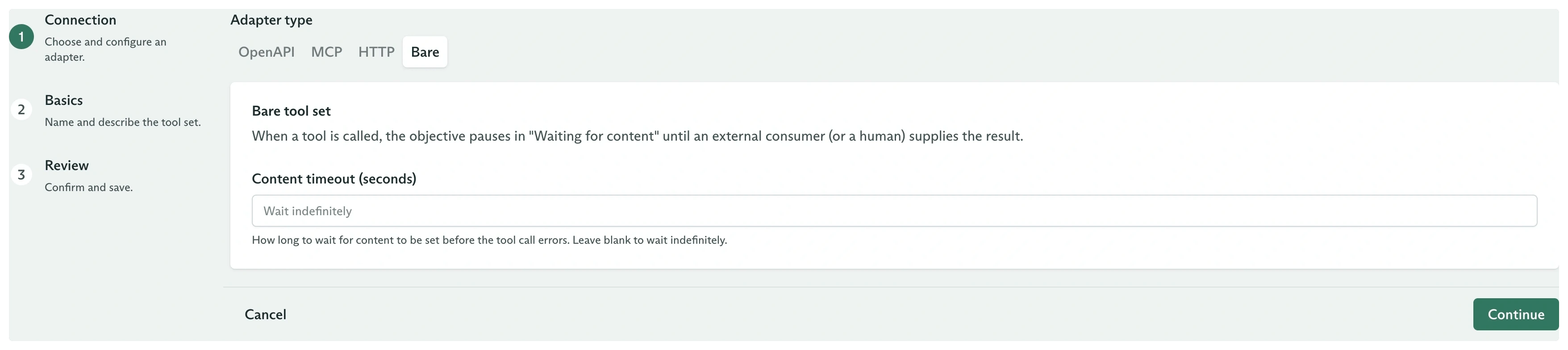 Bare tool set connection form with the Content timeout field left blank