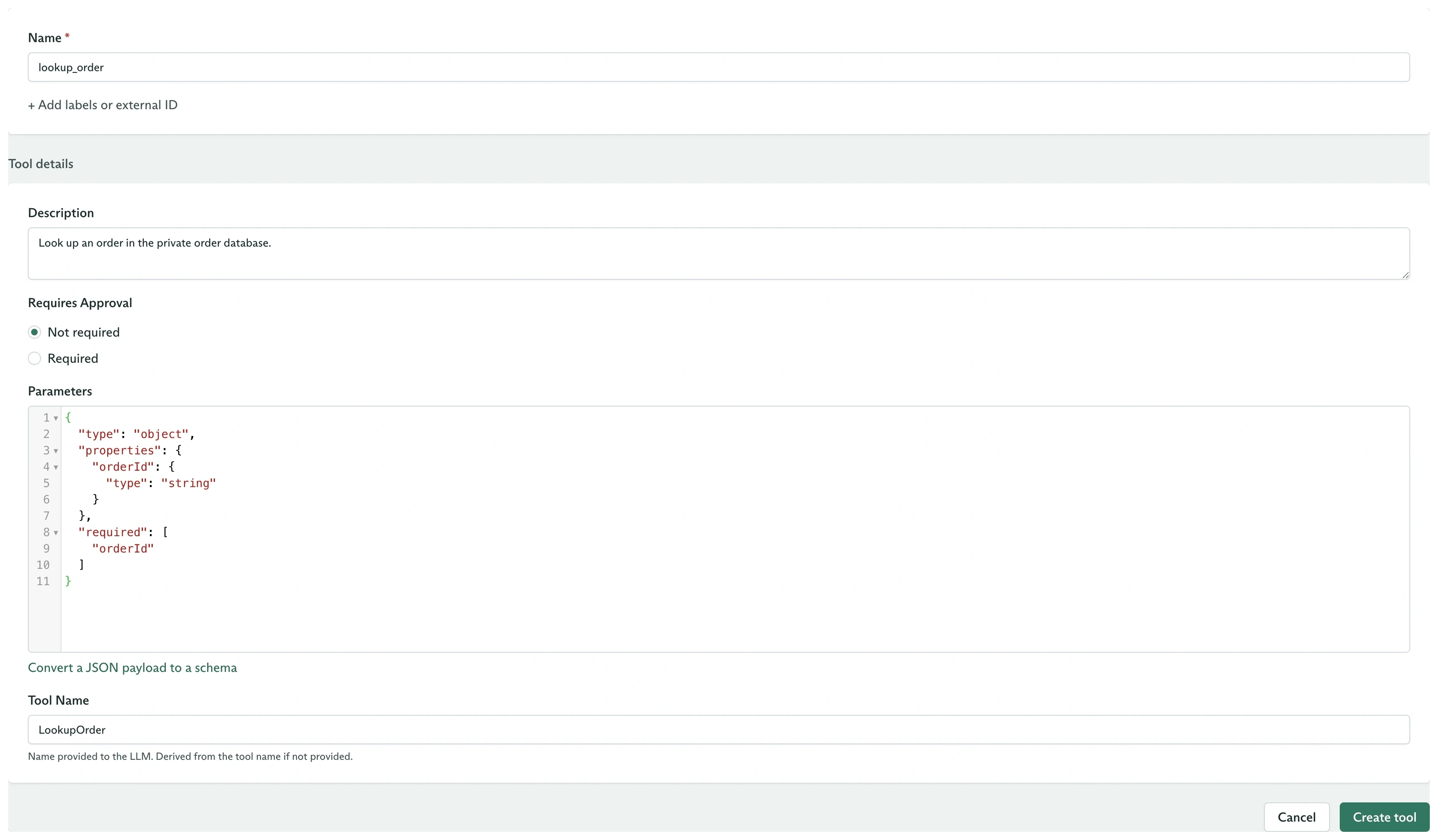 Add Tool form with lookup_order details, parameter schema, and LookupOrder tool name