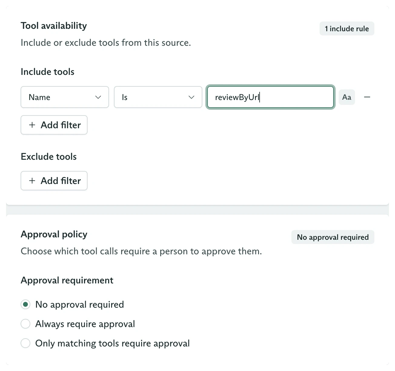Tool behavior settings with an exact include filter for reviewByUrl and all three approval policy choices