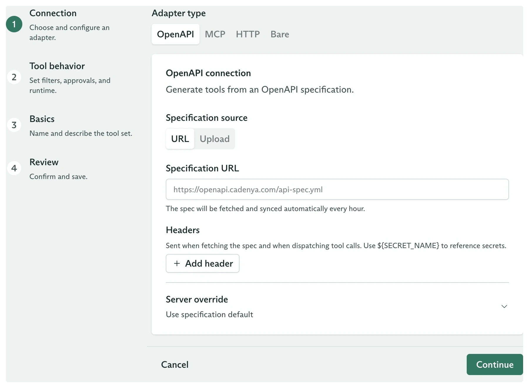 Create tool set connection step with OpenAPI, MCP, HTTP, and Bare adapter tabs