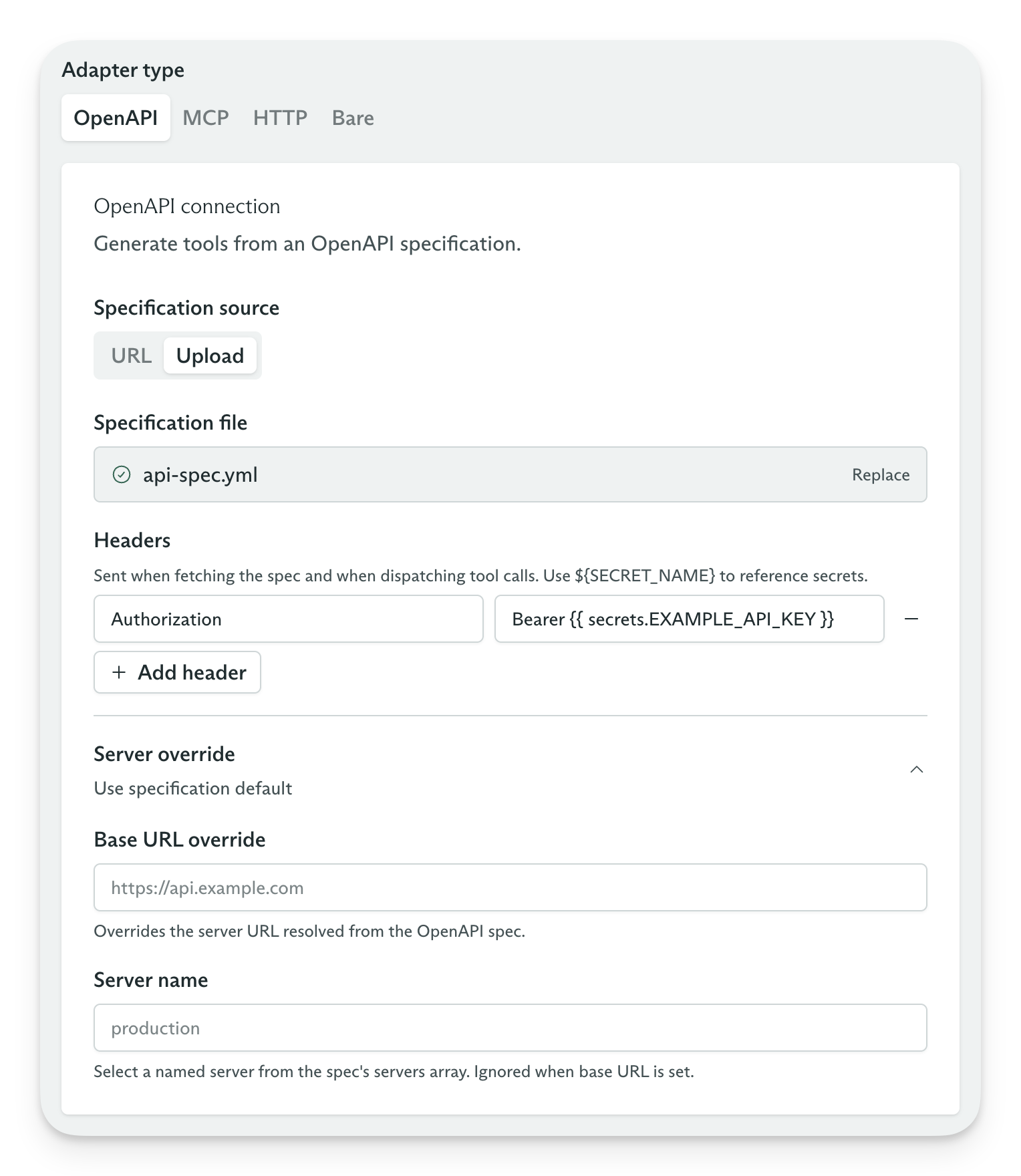 Creating a new Tool Set with an OpenAPI Spec