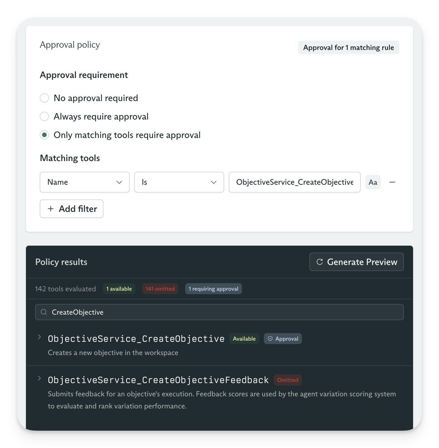 Tool set approval filters