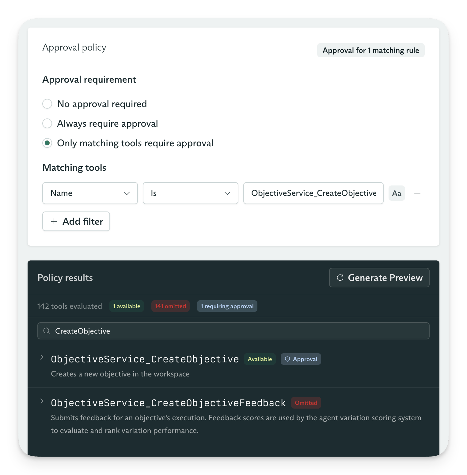 Tool set approval filters