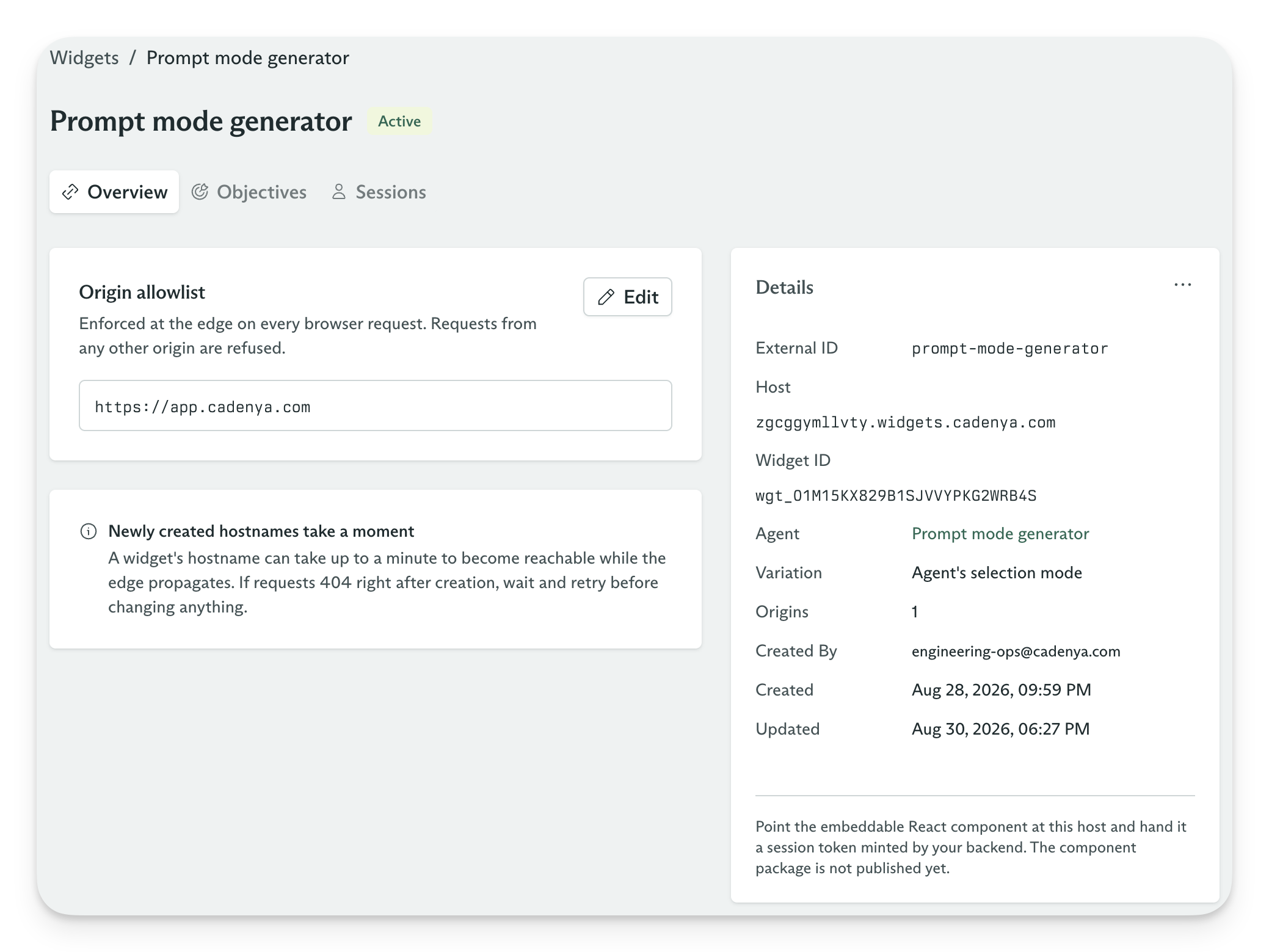 Widget overview showing its origin allowlist, unique host, bound Agent, and selected variation