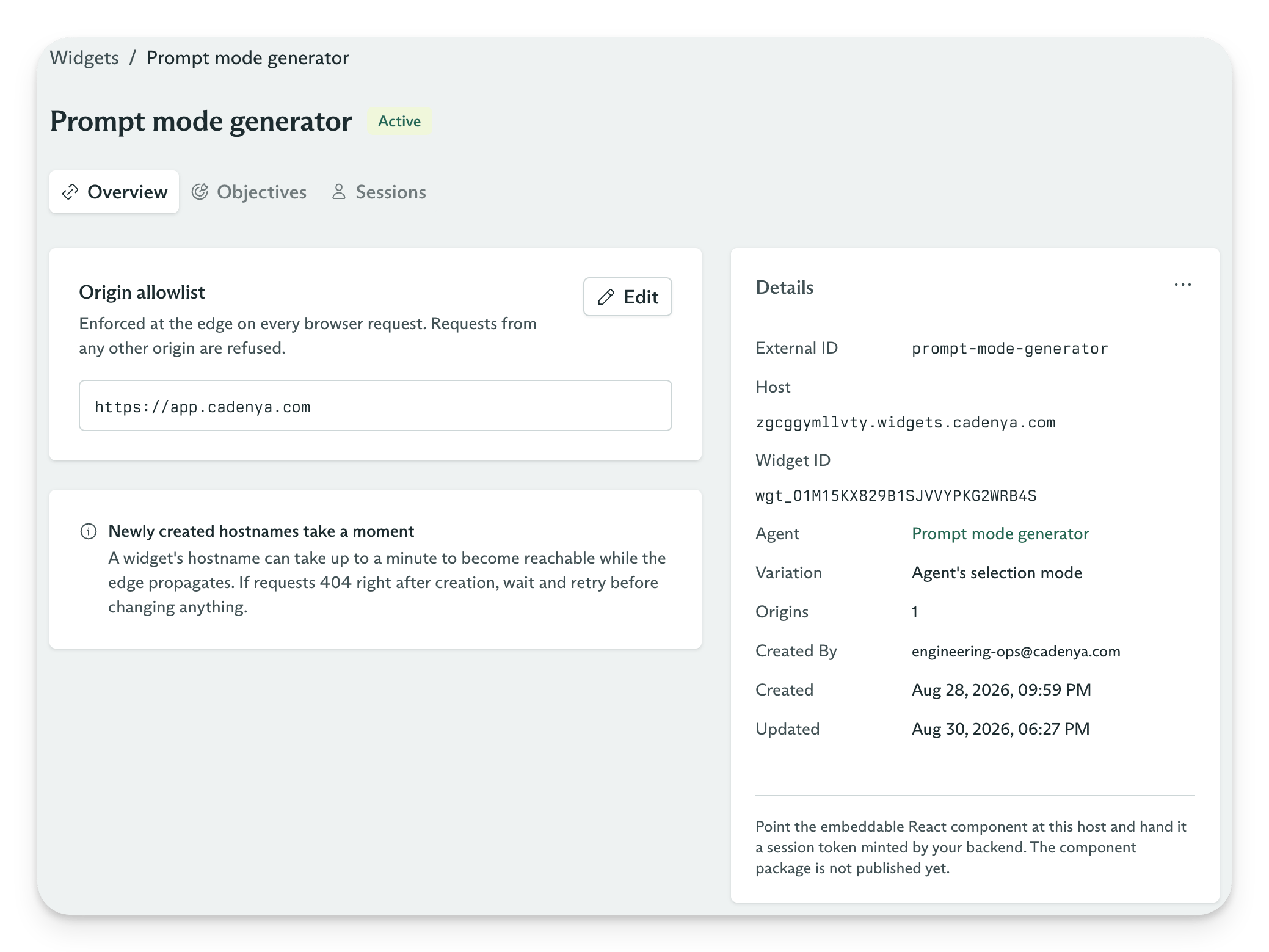 Widget overview showing its origin allowlist, unique host, bound Agent, and selected variation