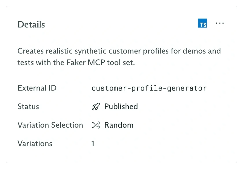 Current agent Details card showing Published status, Random variation selection, and one variation