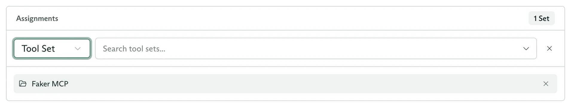 Inline variation assignment picker set to Tool Set with the Faker MCP tool set already attached