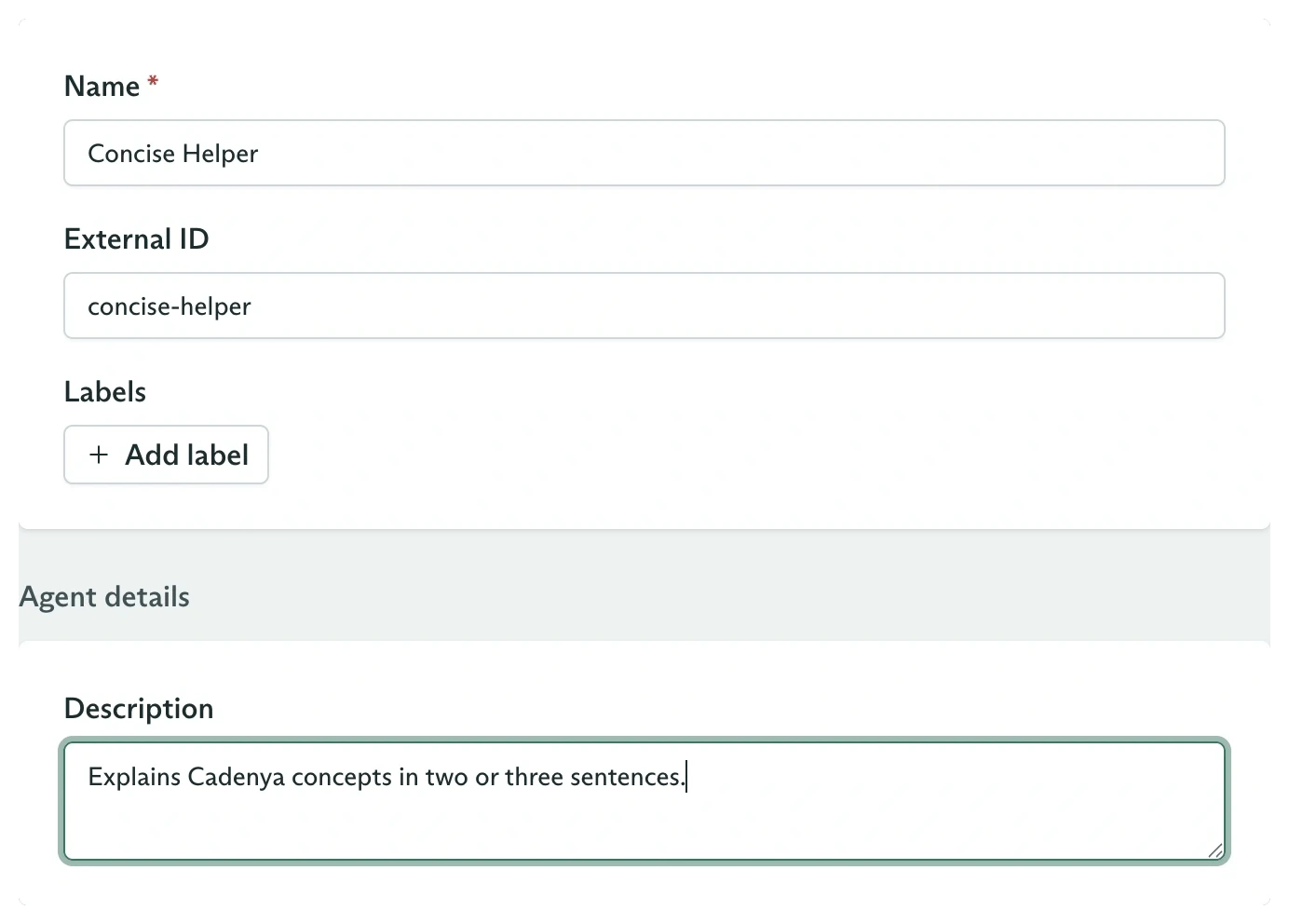 Current Create Agent form filled with the Concise Helper name, external ID, and description
