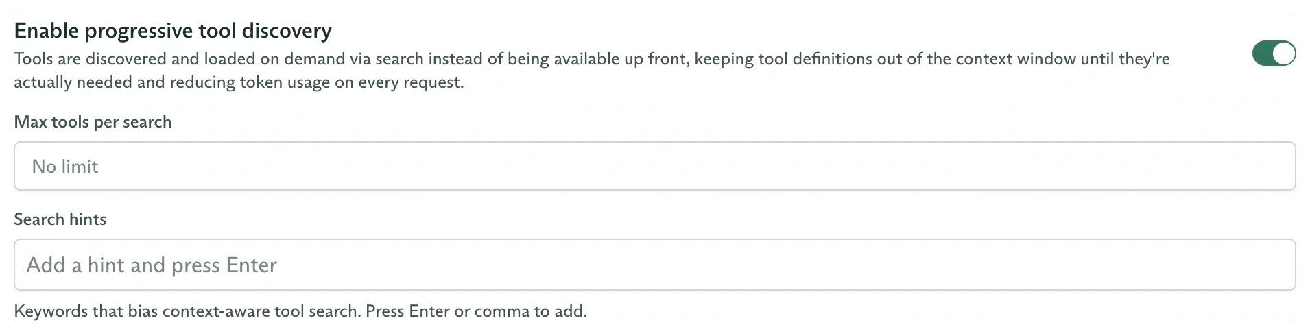 Progressive tool discovery settings with the switch enabled, Max tools per search, and Search hints