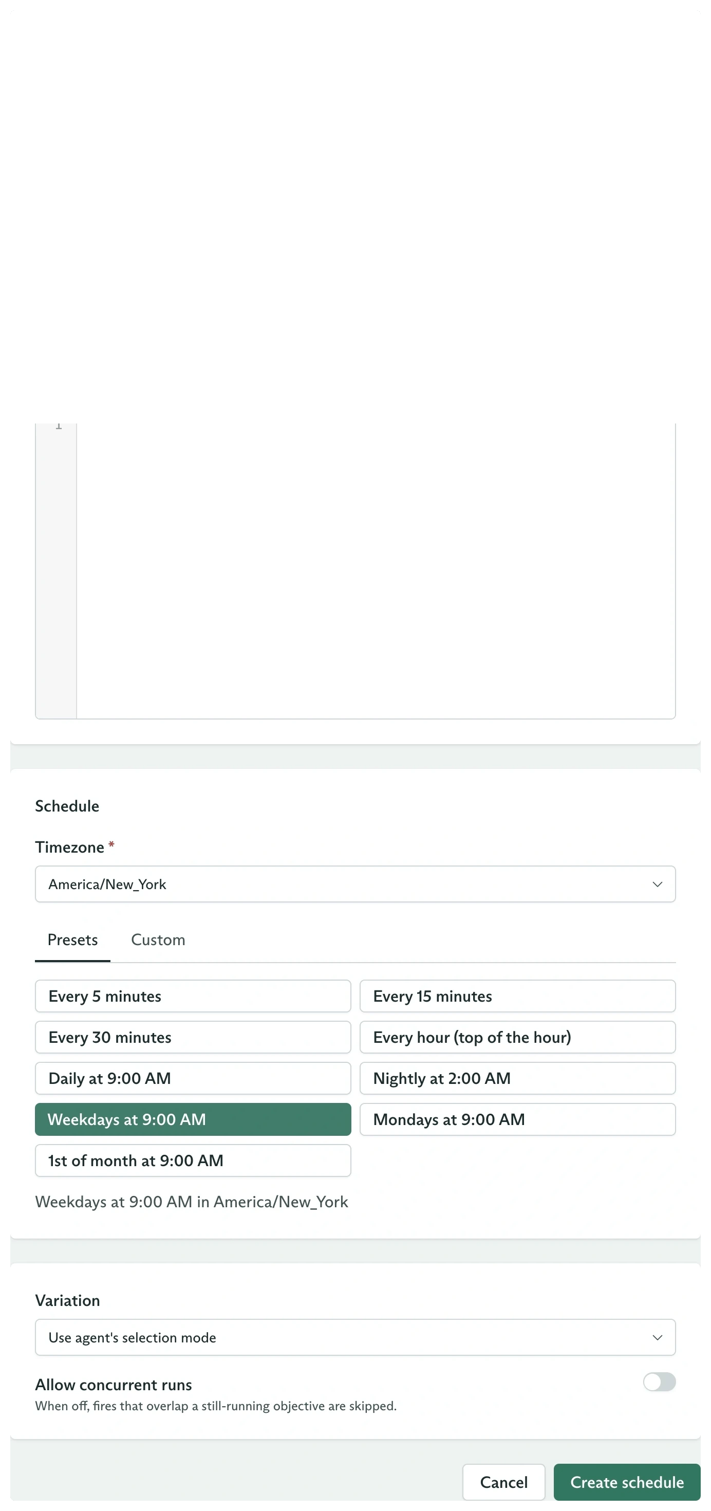 Create Schedule form for a weekday attendee sample with America New York timezone and the Weekdays at 9 AM preset