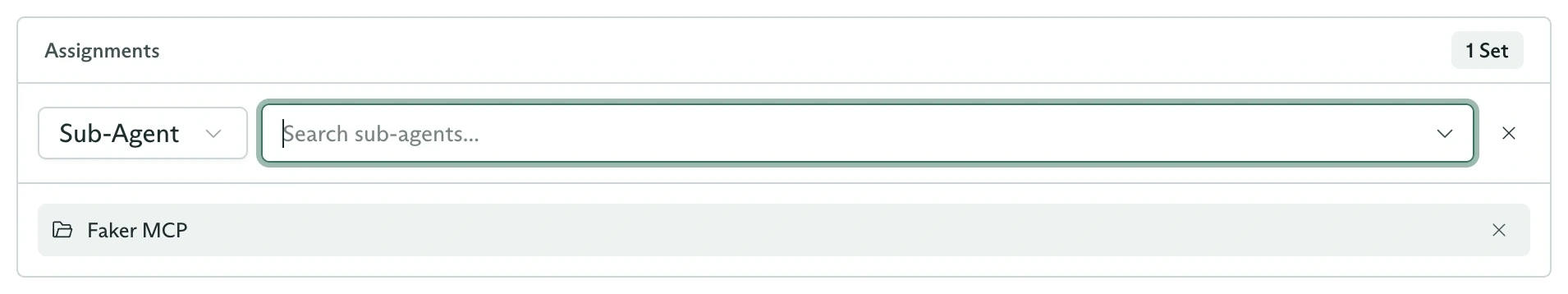 Inline assignment picker set to Sub-Agent with a search field and an existing Faker MCP assignment