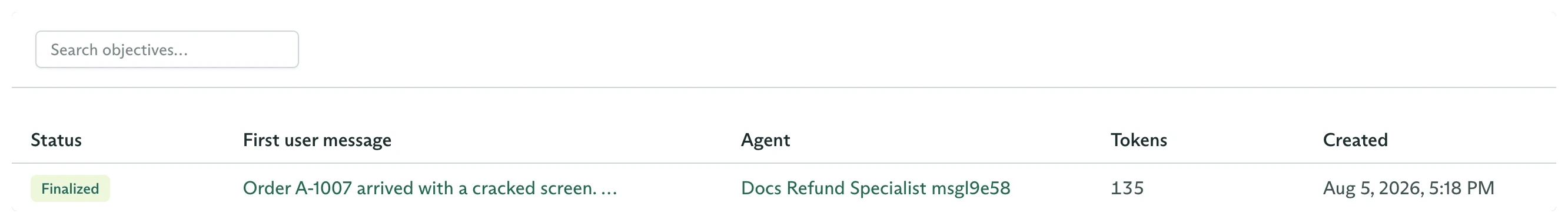 Sub-Agents tab showing a finalized Refund Specialist objective for order A-1007