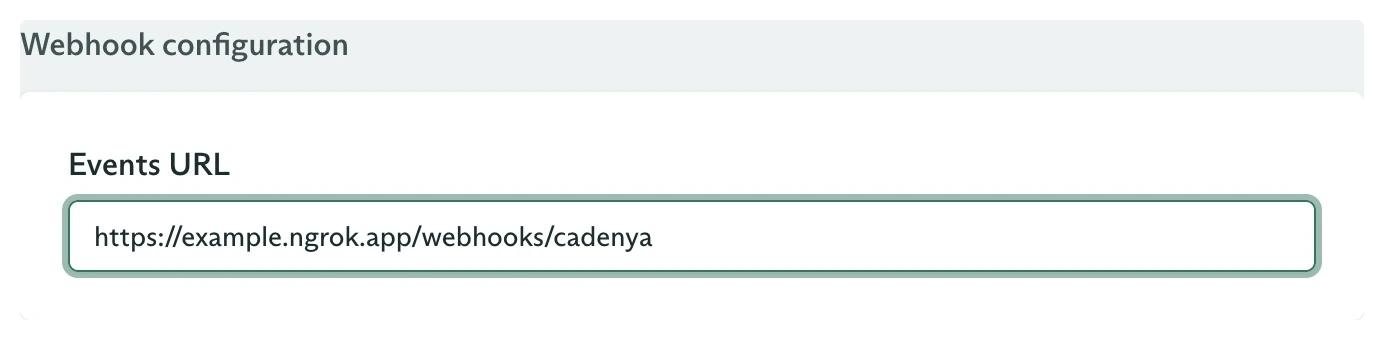 Agent Webhook configuration with an ngrok Events URL ending in webhooks/cadenya