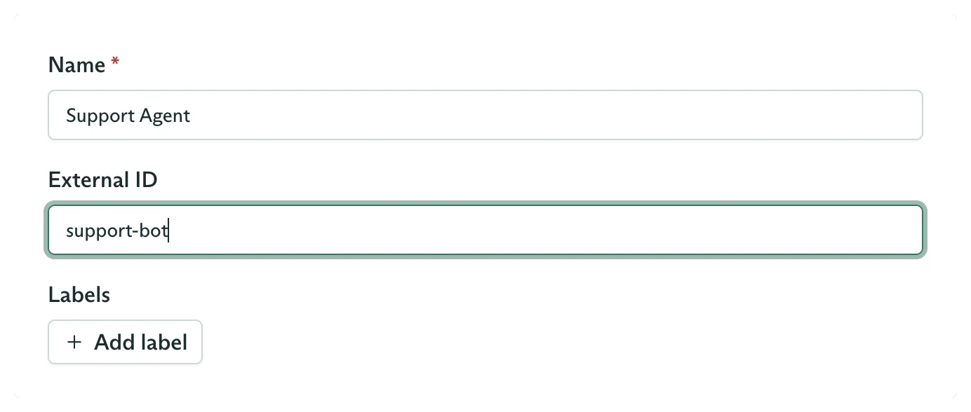 Agent metadata fields with Support Agent as the name and support-bot as the External ID