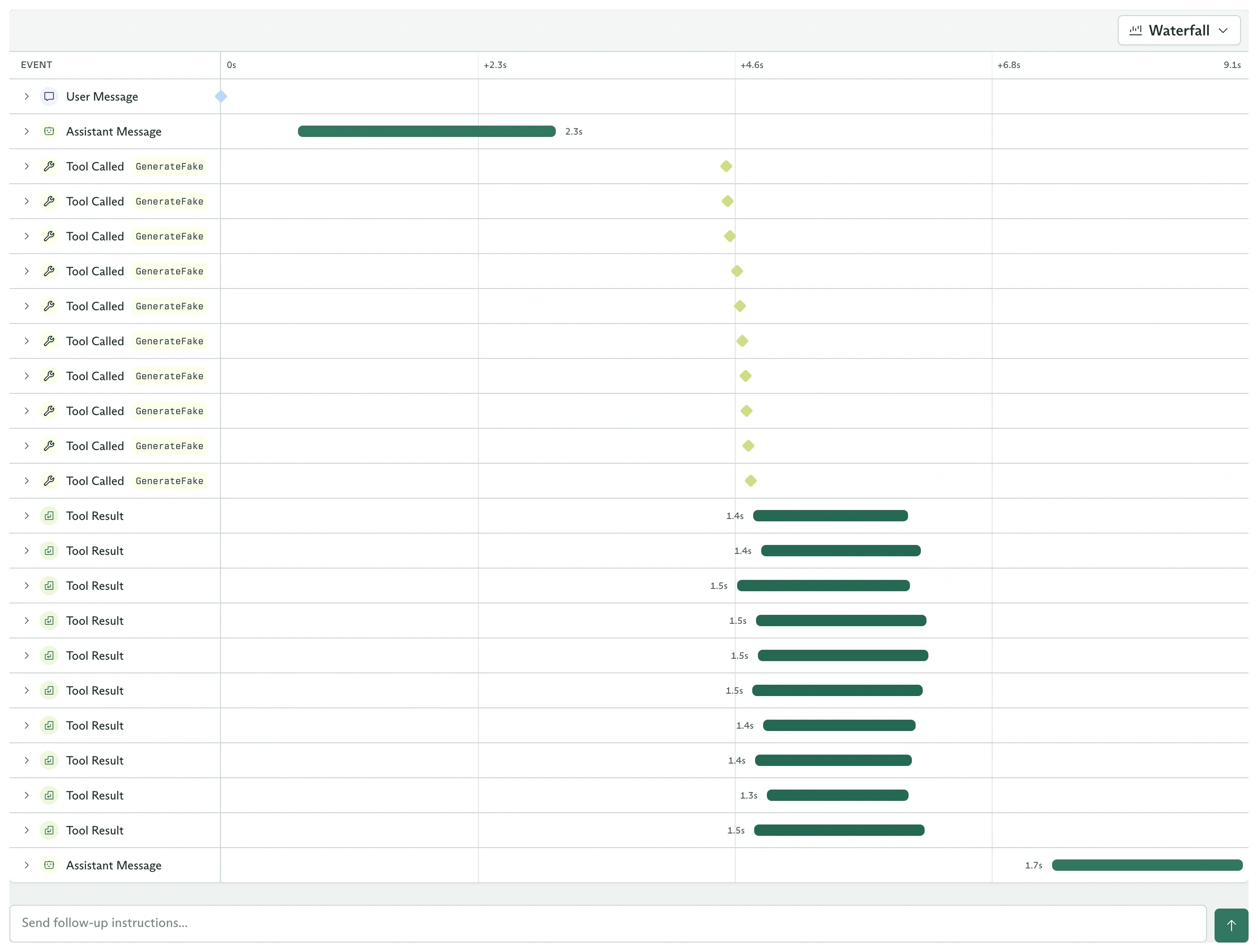 Objective timeline for attendee generation showing user and assistant messages with ten Faker tool calls and results