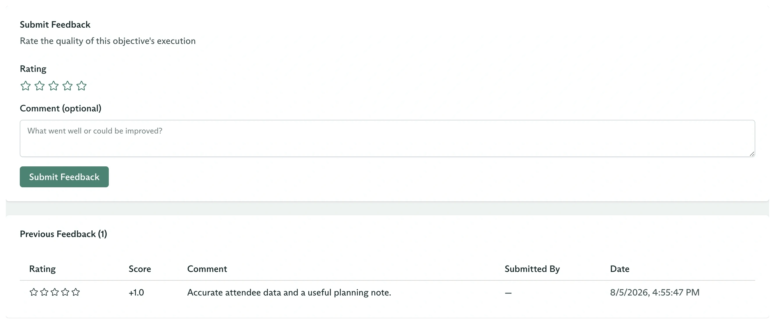 Objective Feedback tab showing an Excellent score and a comment under Previous Feedback