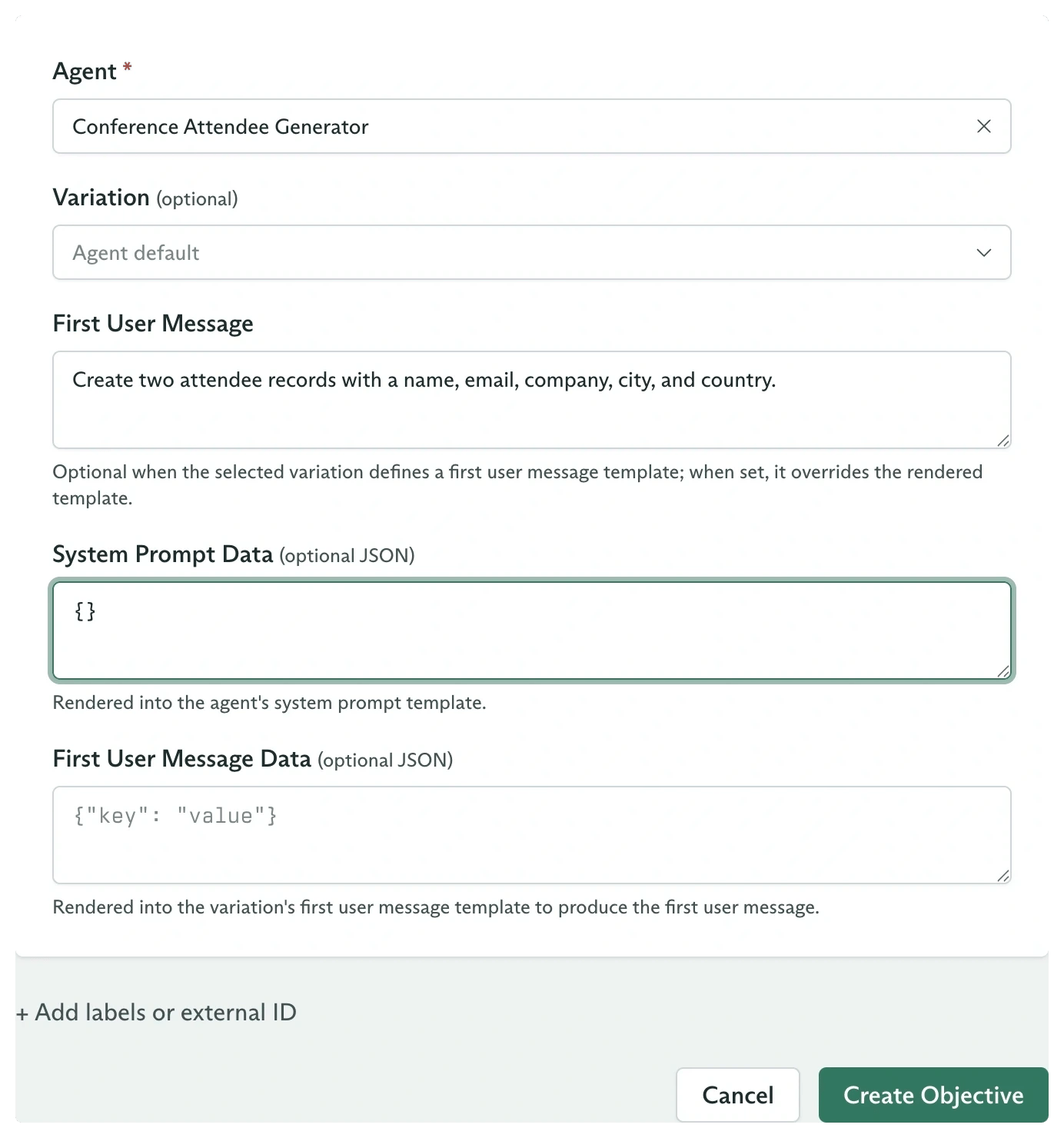 New Objective form with Conference Attendee Generator selected, Agent default variation selection, an attendee request, and empty system prompt data