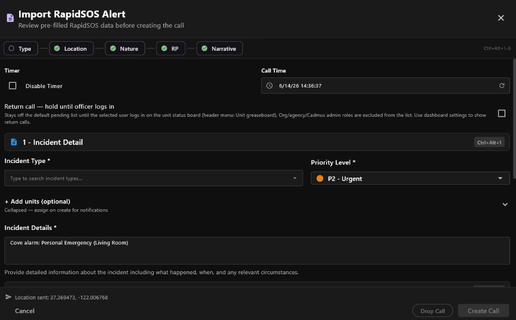 Import RapidSOS Alert dialog showing incident detail with Cove alarm prefill and P2 priority