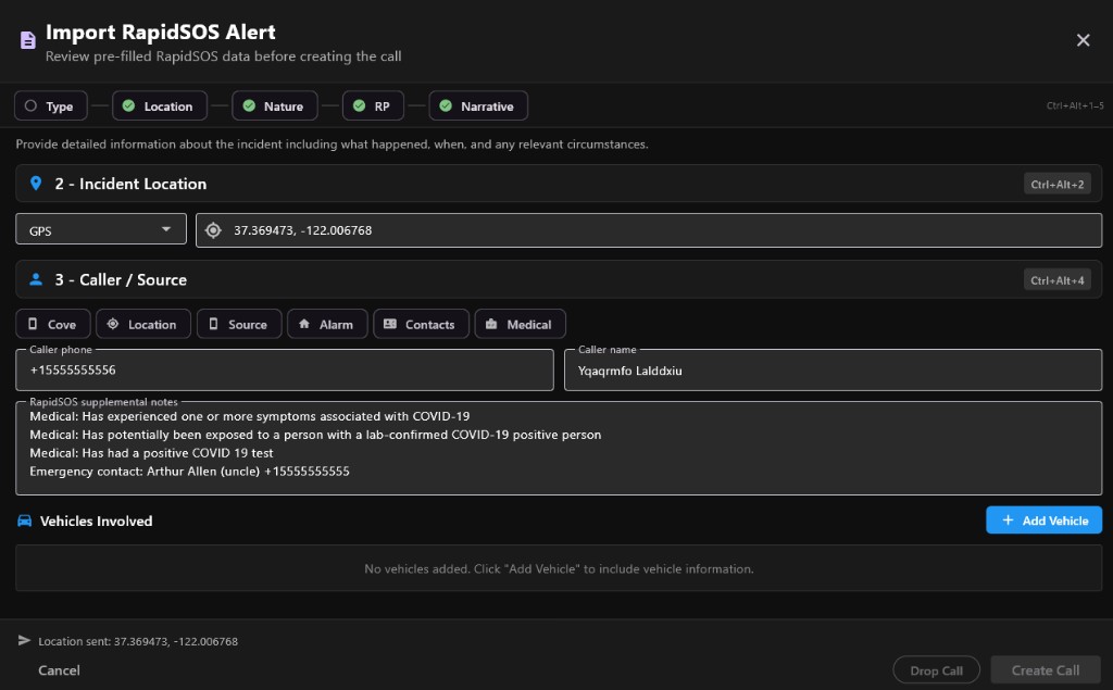 Import RapidSOS Alert showing GPS coordinates, caller fields, supplemental notes, and vehicles section