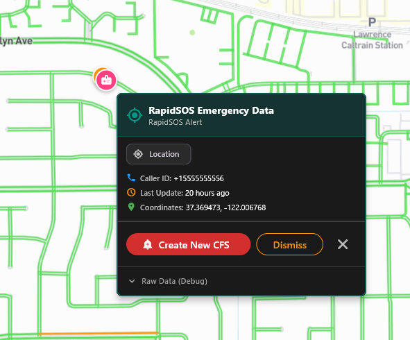Map with RapidSOS pin and basic Emergency Data tooltip
