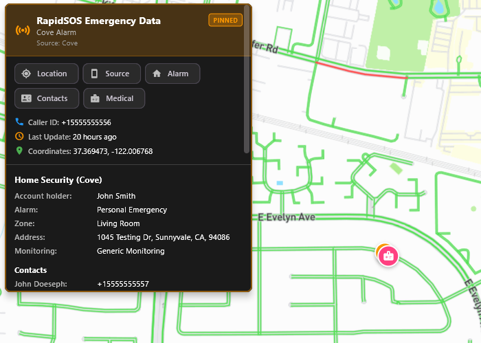 RapidSOS Emergency Data panel for Cove alarm with Home Security and Contacts sections