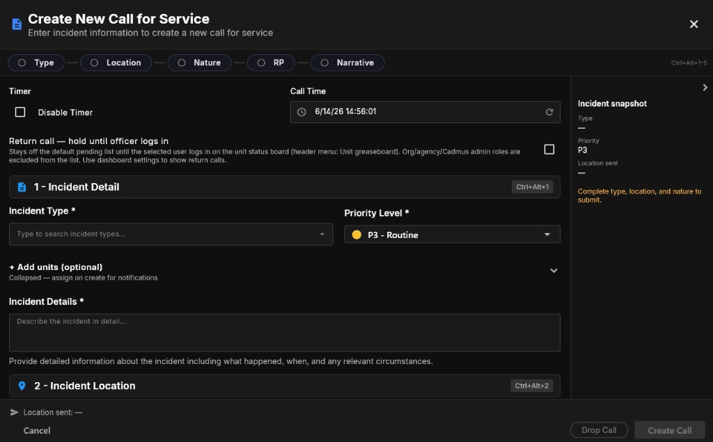 Create New Call for Service dialog showing empty incident detail section and disabled Create Call button