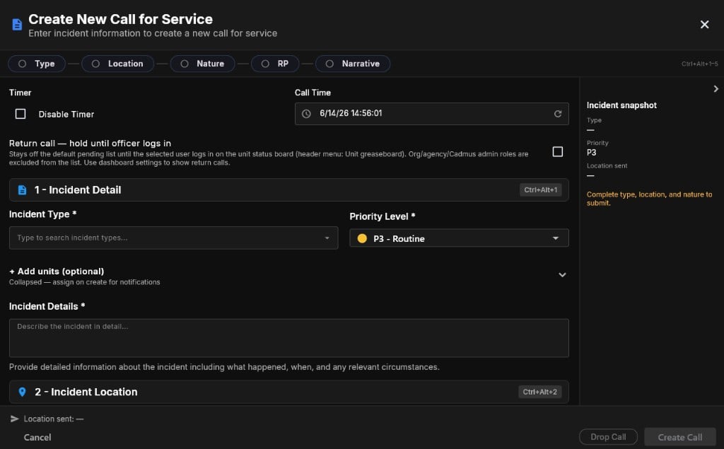 Create New Call for Service dialog showing empty incident detail section and disabled Create Call button