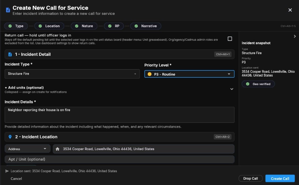 Completed Create New Call for Service form with all sections checked and Create Call button enabled
