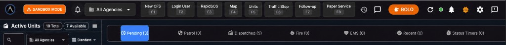 Dispatch CAD header showing SANDBOX MODE badge and New CFS F1 button
