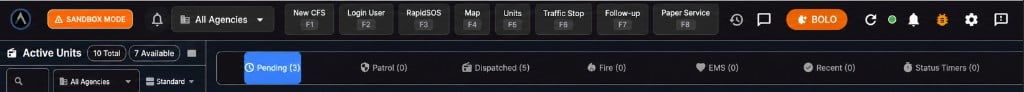 Dispatch CAD header showing SANDBOX MODE badge and New CFS F1 button