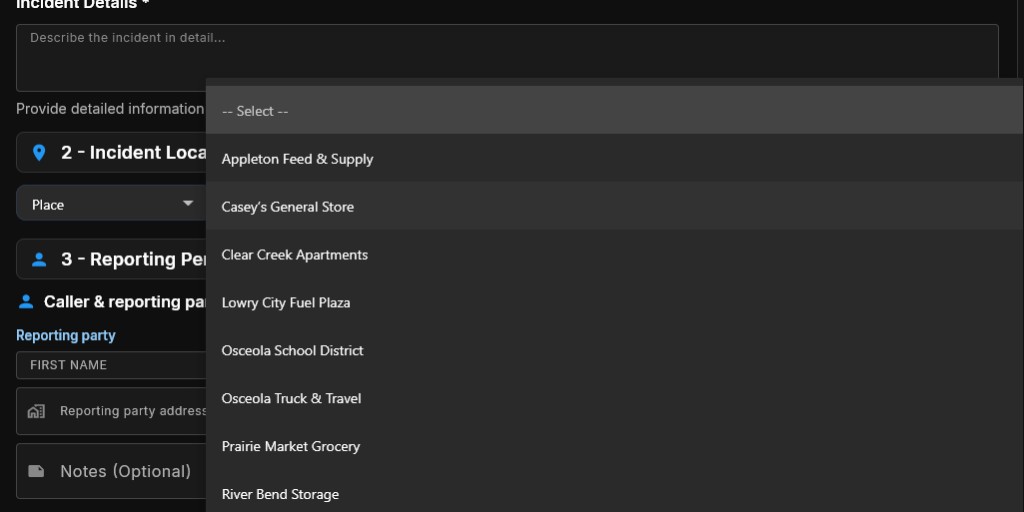 Place dropdown with common locations such as schools and stores