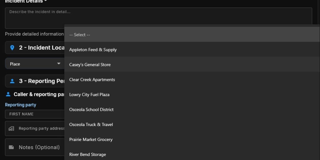 Place dropdown with common locations such as schools and stores