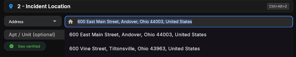 Address location field with suggestions and Geo verified badge