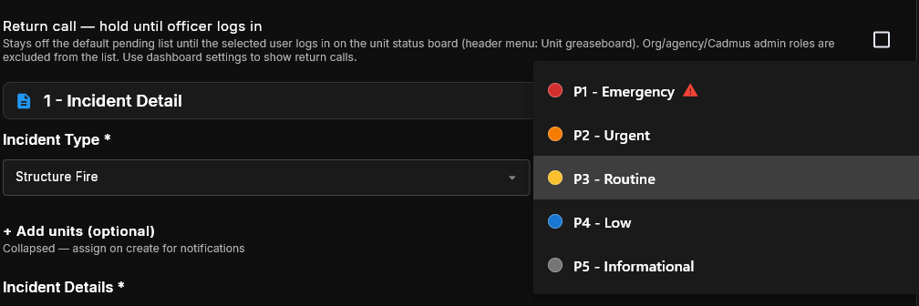 Priority Level dropdown showing P1 Emergency through P5 Informational