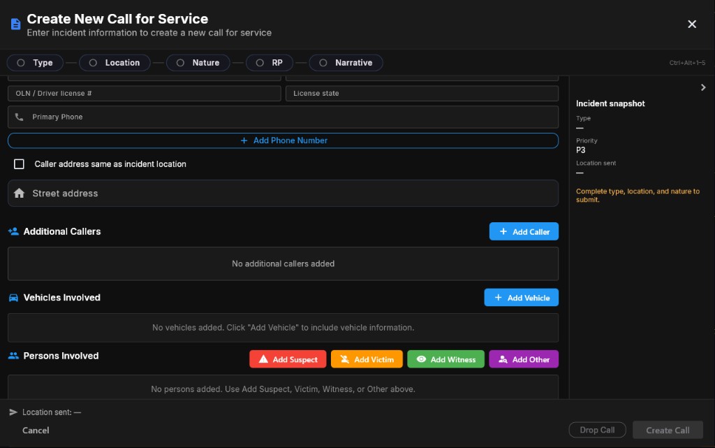 Expanded reporting person section with OLN phone and additional callers vehicles persons
