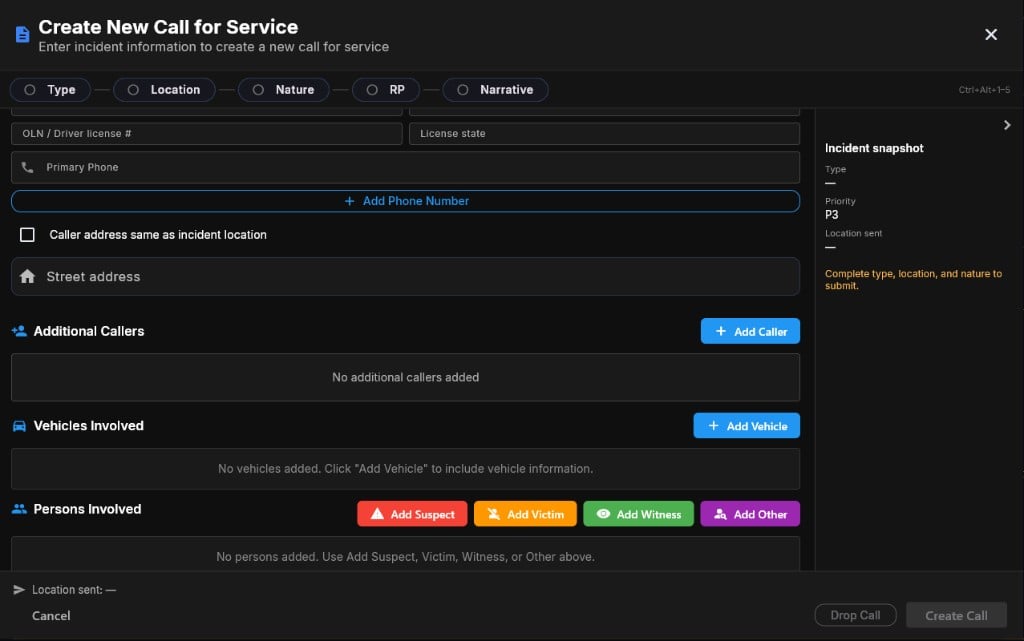 Expanded reporting person section with OLN phone and additional callers vehicles persons