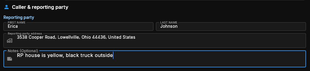 Reporting party section with caller name address and notes