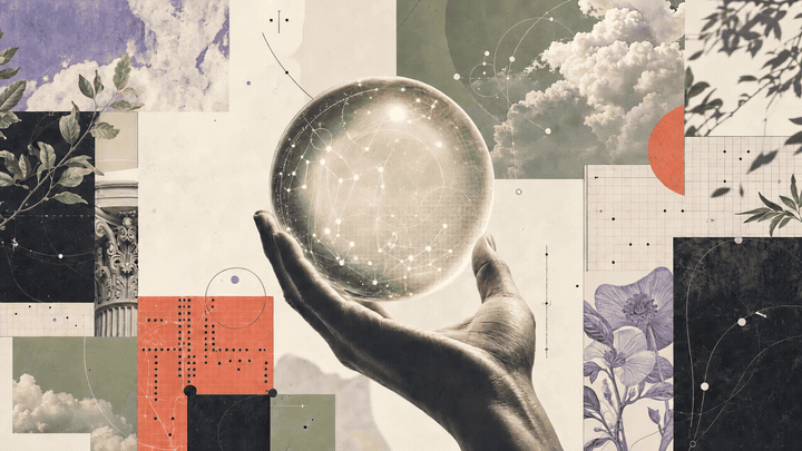 A surreal animated collage of a hand holding a glowing glass orb while graph-paper cards drift in a seamless loop.