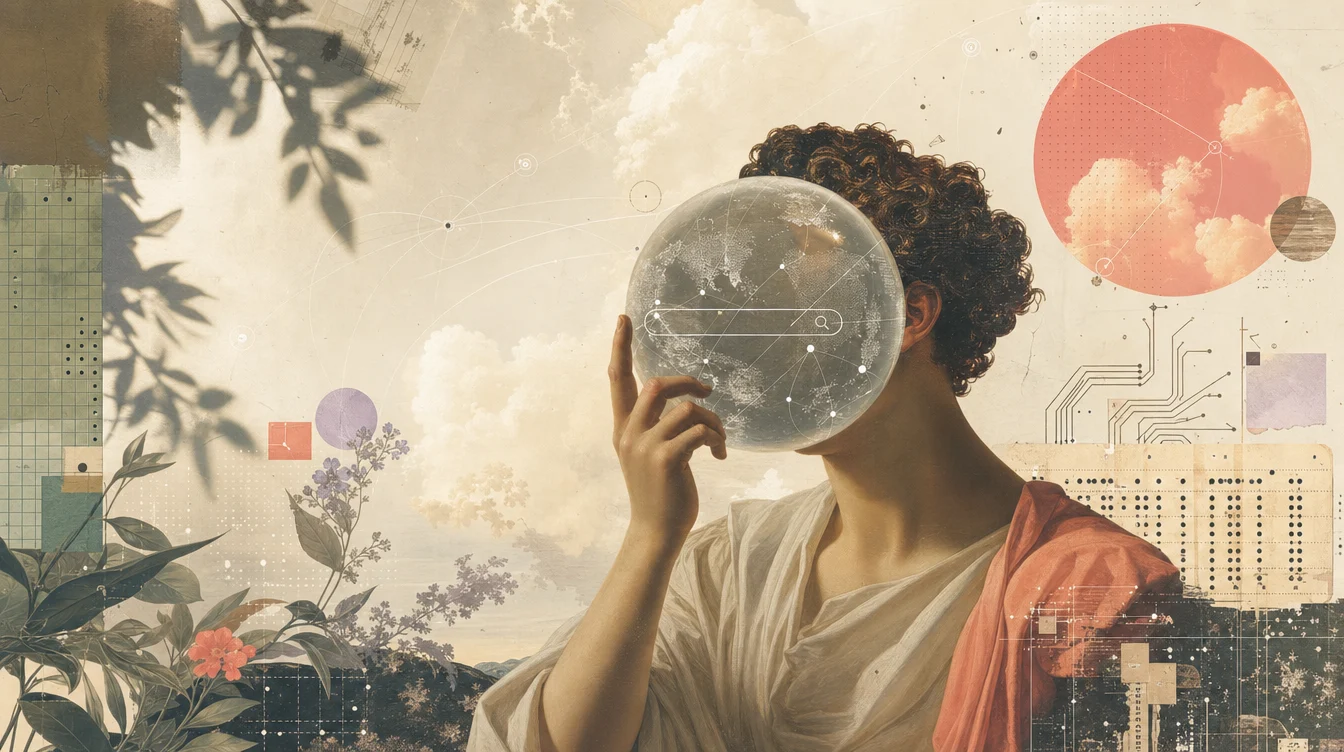 A surreal figure holding a transparent search orb against warm collage panels, circuit traces, graph paper, and clouds.