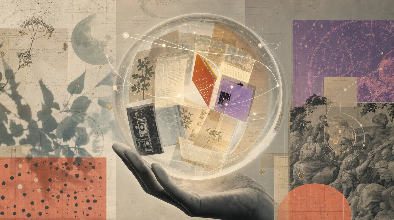 A glass orb holding layered documents, punched-card textures, botanical shadows, and orbiting provenance paths.
