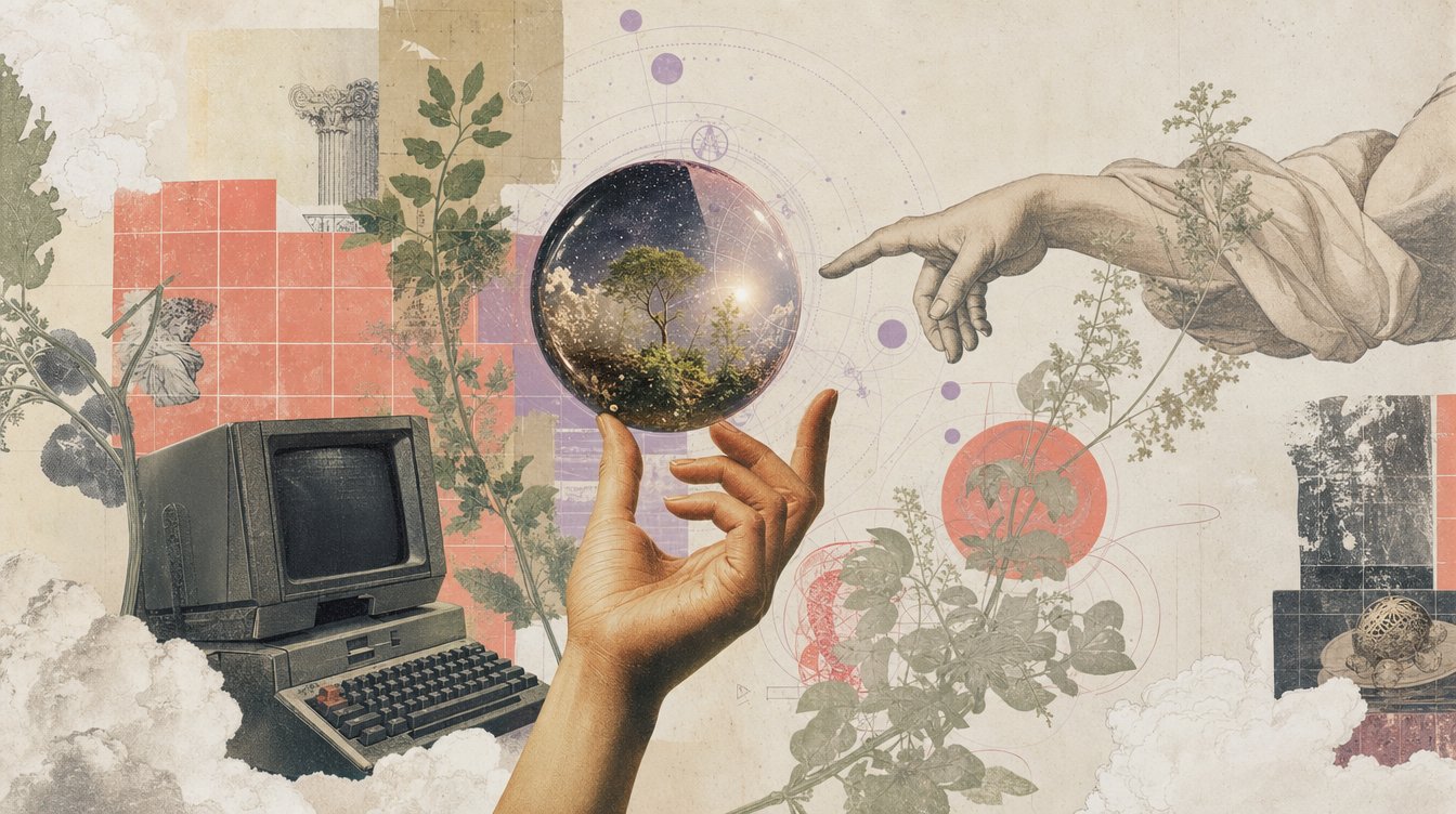 A surreal retro-computing collage with a hand, glass orb, terminal, botanical forms, and celestial diagrams.