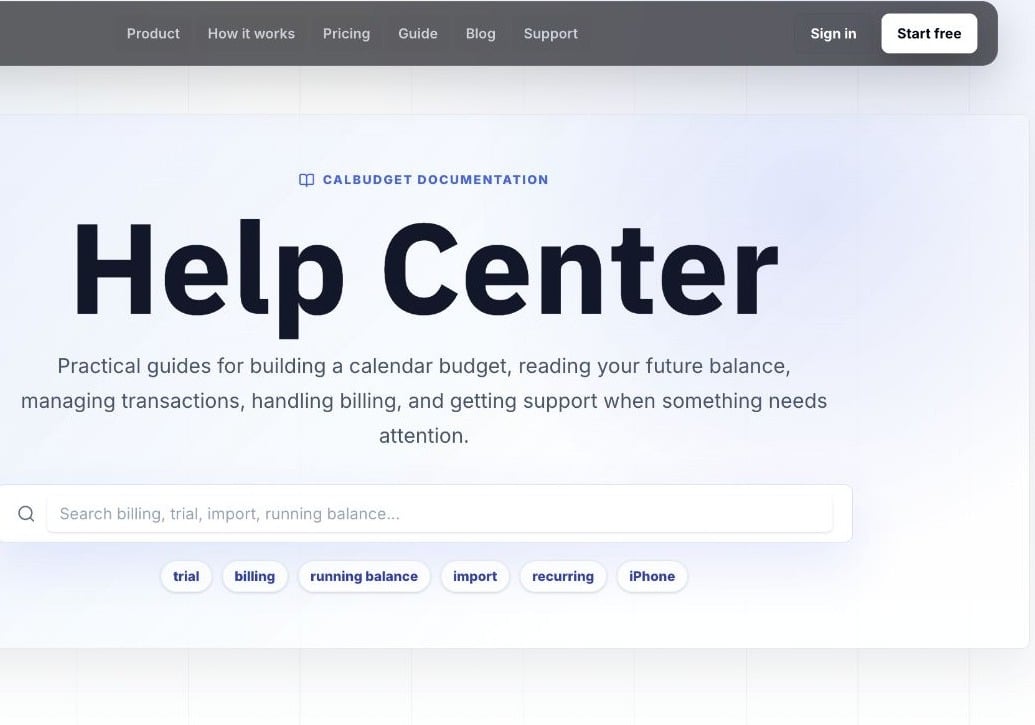 CalBudget Help Center with search and support navigation