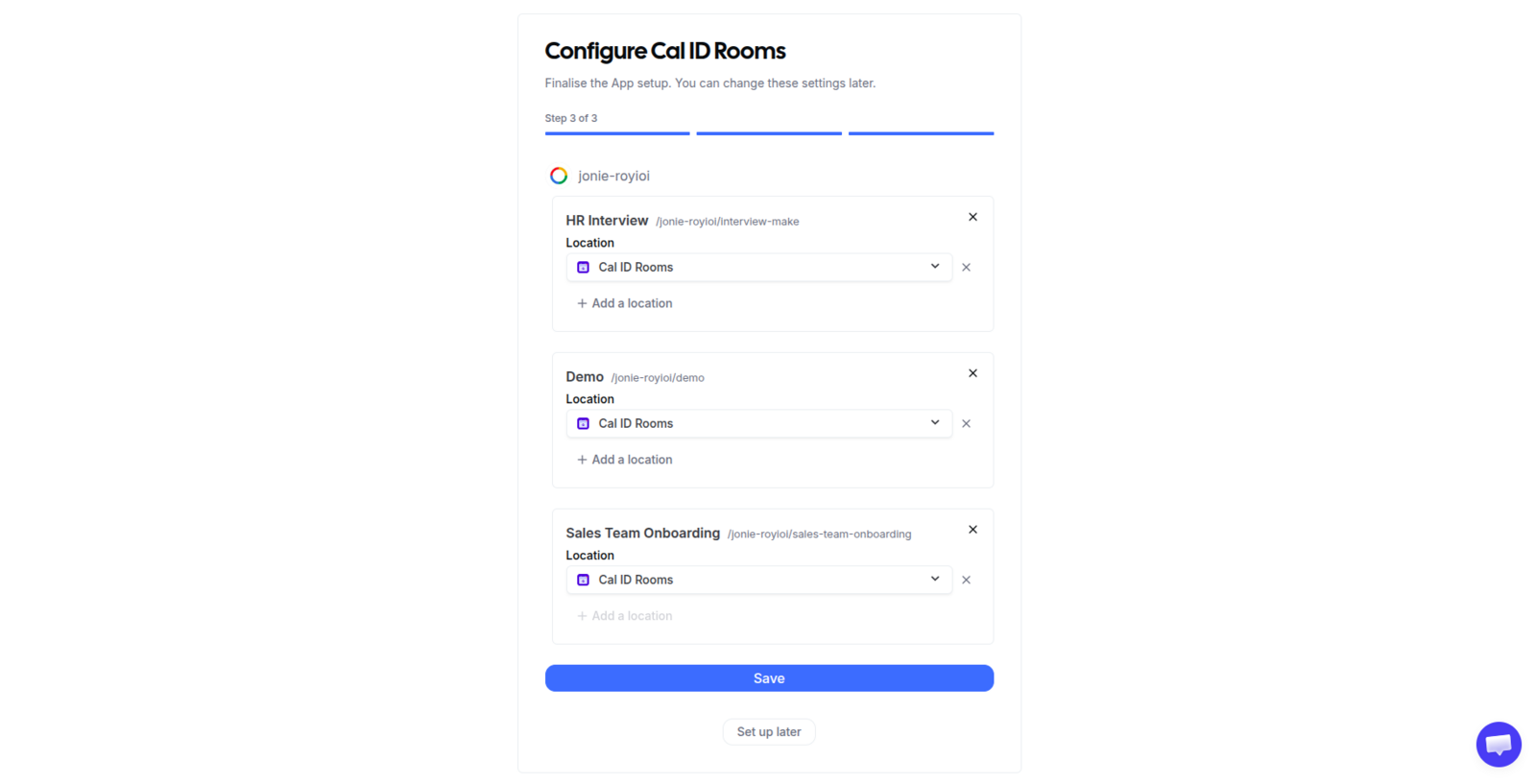 Cal ID Rooms install screen listing the account's event types with several selected, alongside a Set Up Later option