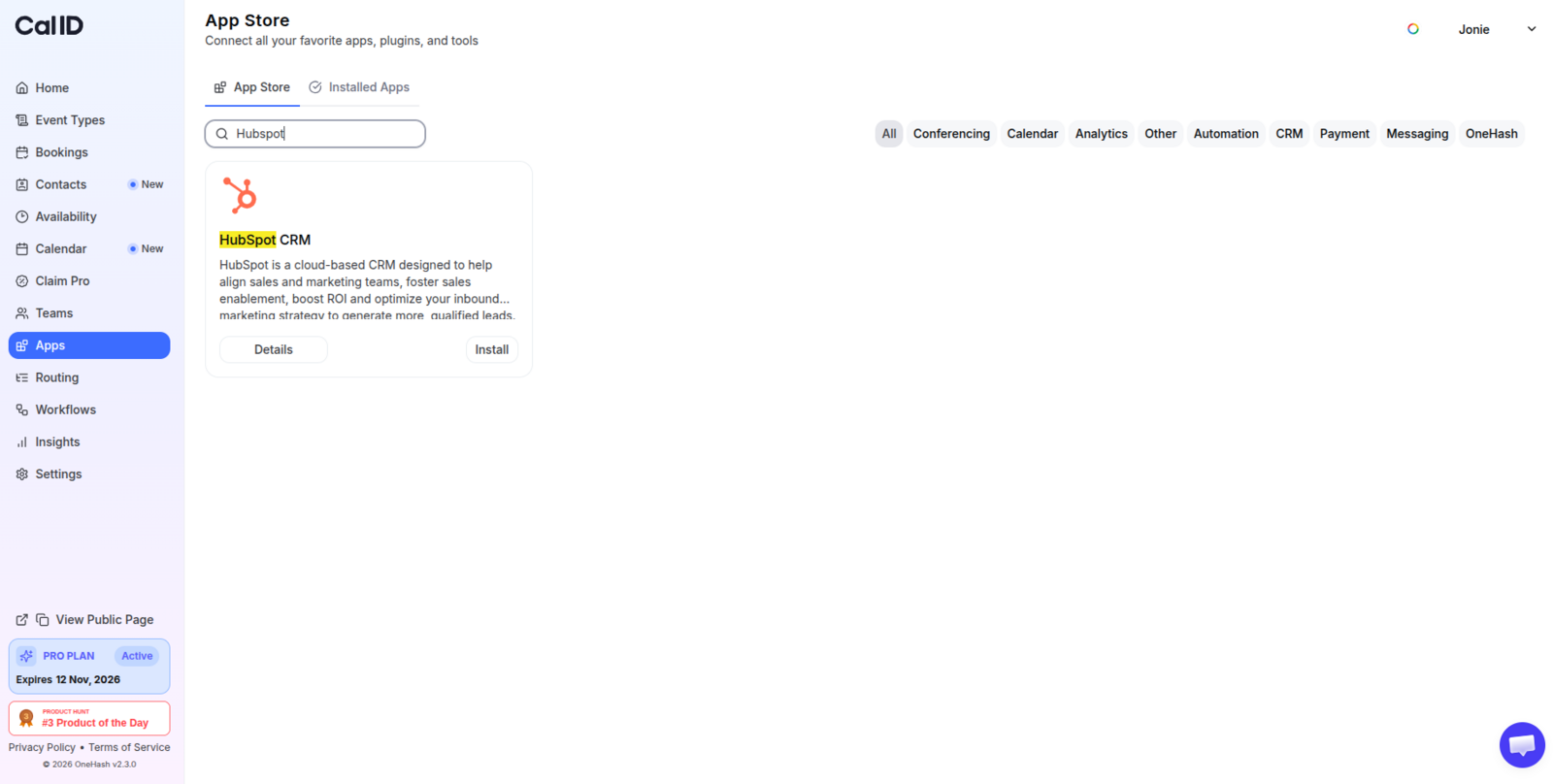 App Store results showing the HubSpot CRM card with its short description and Install button