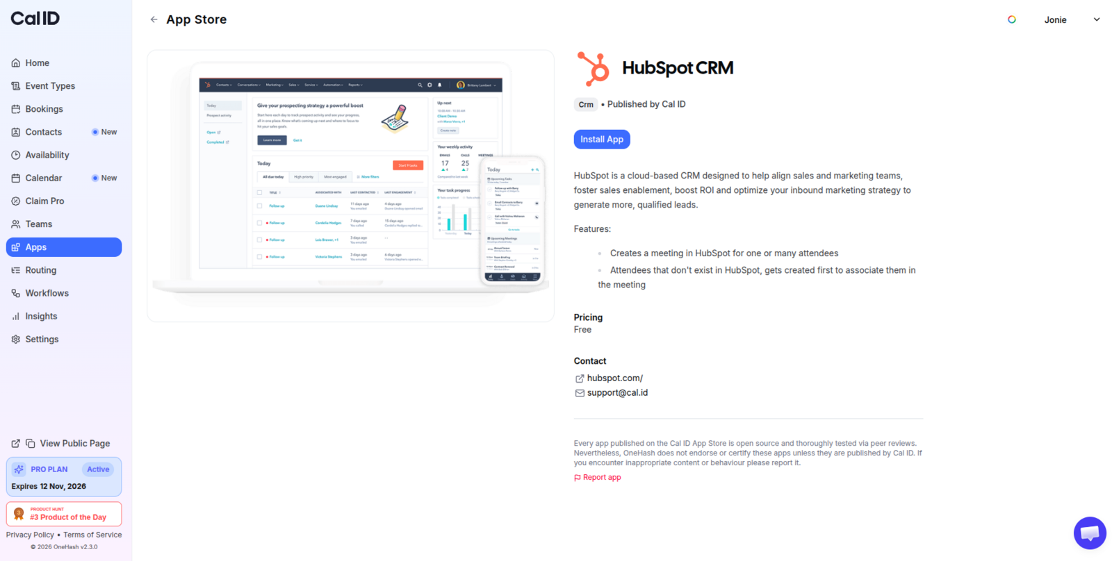 HubSpot CRM app detail page with the Install App button at the top