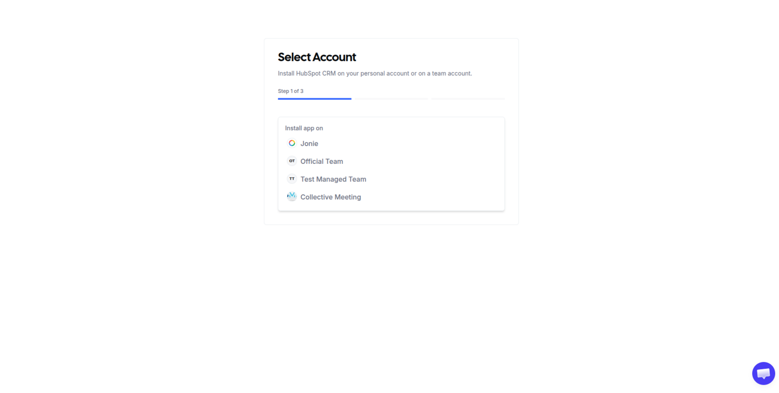 Account picker for the HubSpot CRM install, listing your Team profiles and your Personal profile
