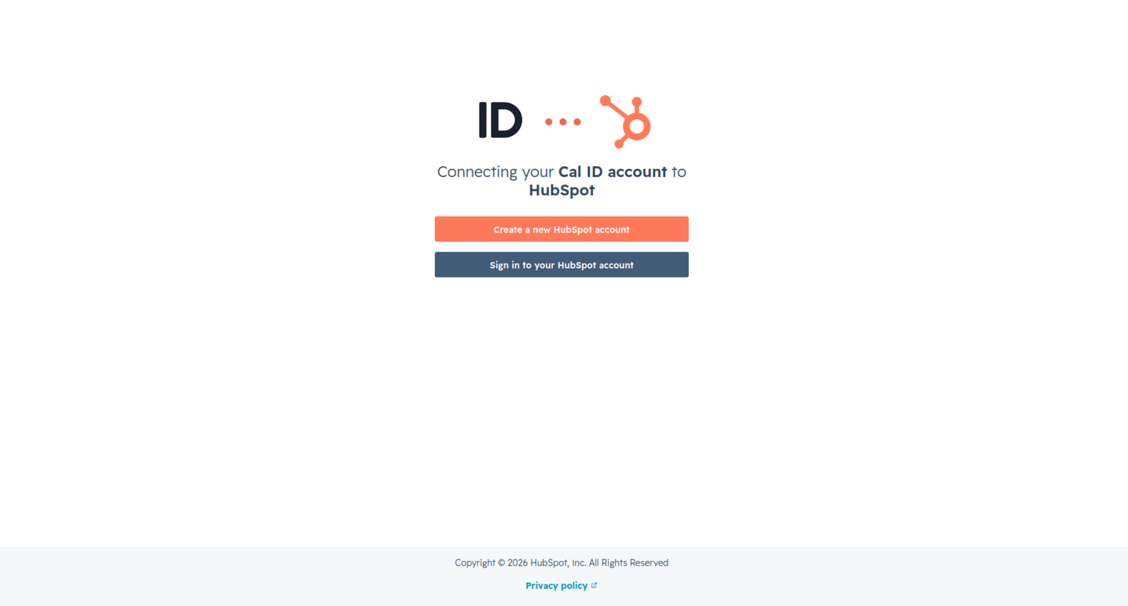 HubSpot sign-in page with email and password fields, opened as part of the Cal ID authorization flow