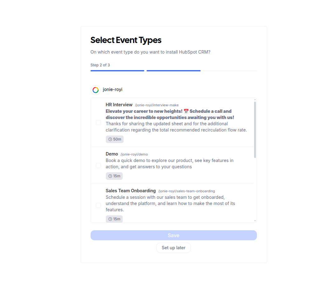 Event type mapping screen for HubSpot, listing your event types with selection controls and a configure later link
